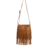 Three-tone beige, brown, and tan genuine leather crossbody bag featuring long hanging fringe tassels on a white background.